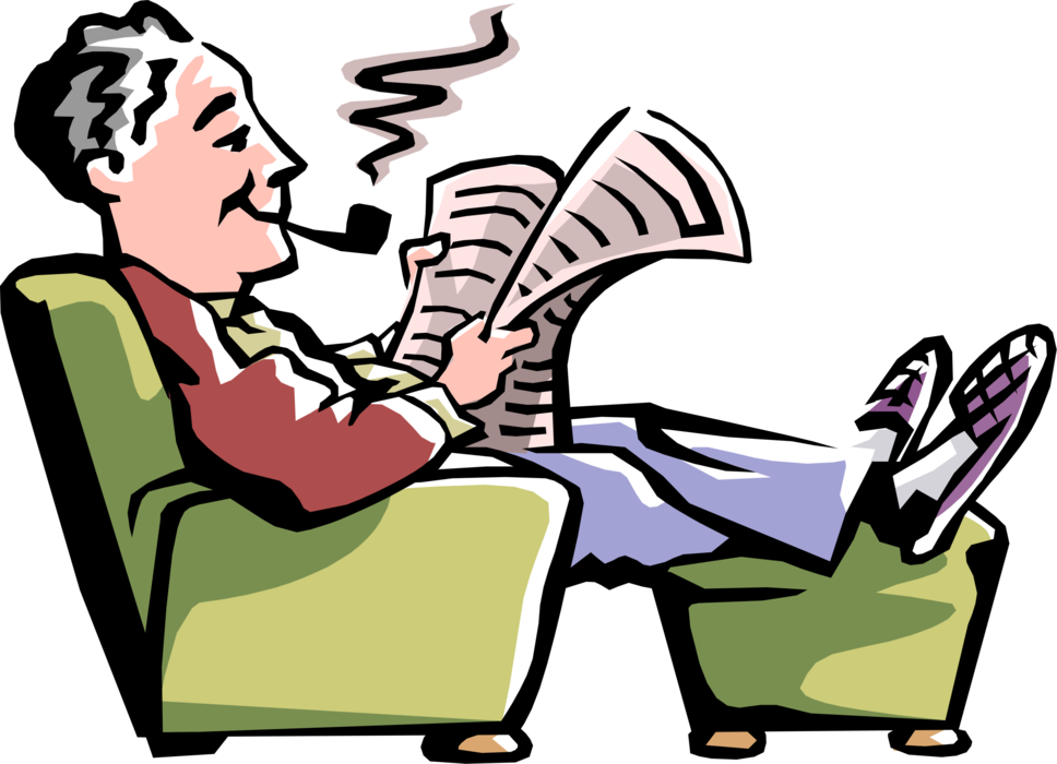 Vector Illustration of Dad Relaxes in Favorite Chair, Smokes His Pipe and Reads the Newspaper