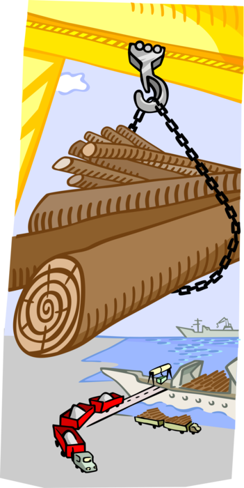 Vector Illustration of Shipping Crane with Lumber Logs for Transoceanic Distribution