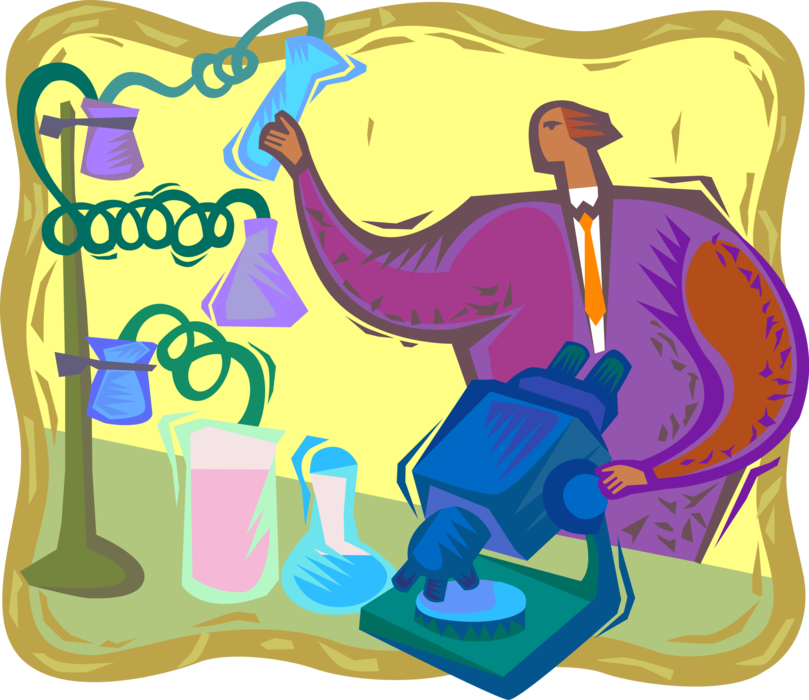 Vector Illustration of Laboratory Scientist with Microscope and Flasks