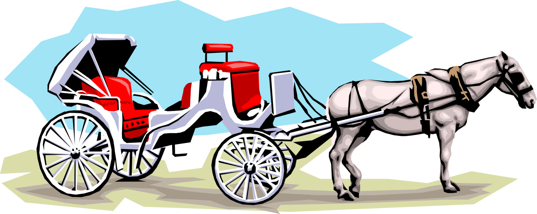 Vector Illustration of Horse-Drawn Carriage Carries Tourists Around City