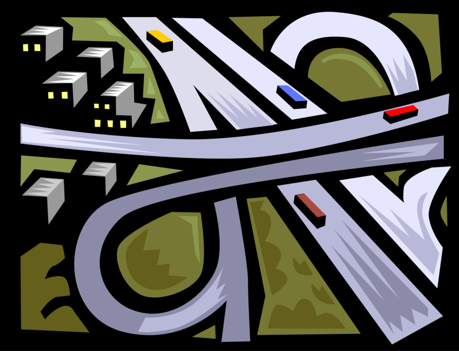 Vector Illustration of Traffic Drives Highway Turnpike Interstate Expressway Motorway Overpass