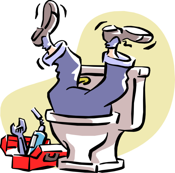 Vector Illustration of Do-It-Yourself Home Improvement Plumber Fixes the Toilet