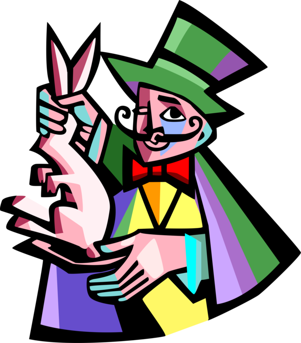 Vector Illustration of Magician Pulls Rabbit Out of His Hat During Magic Show