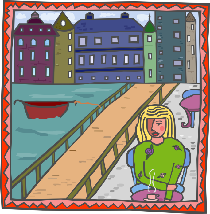 Vector Illustration of Café Scene with Bridge and Buildings