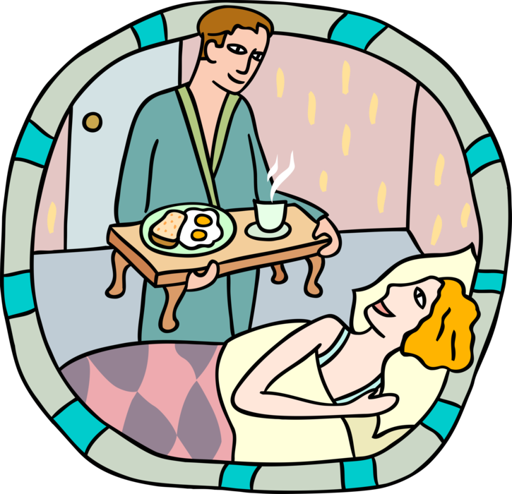 Vector Illustration of Husband Delivers Breakfast in Bed to Wife on Honeymoon