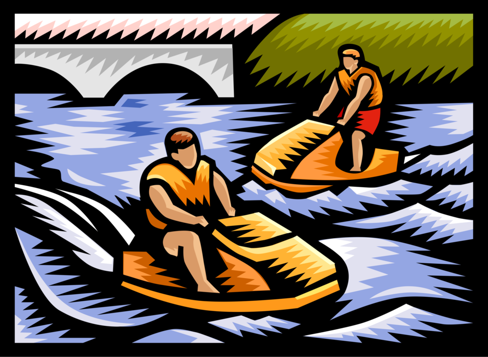 Vector Illustration of Jet Skiers Riding Personal Watercraft Water Sports Sea-Doo Jet Skis