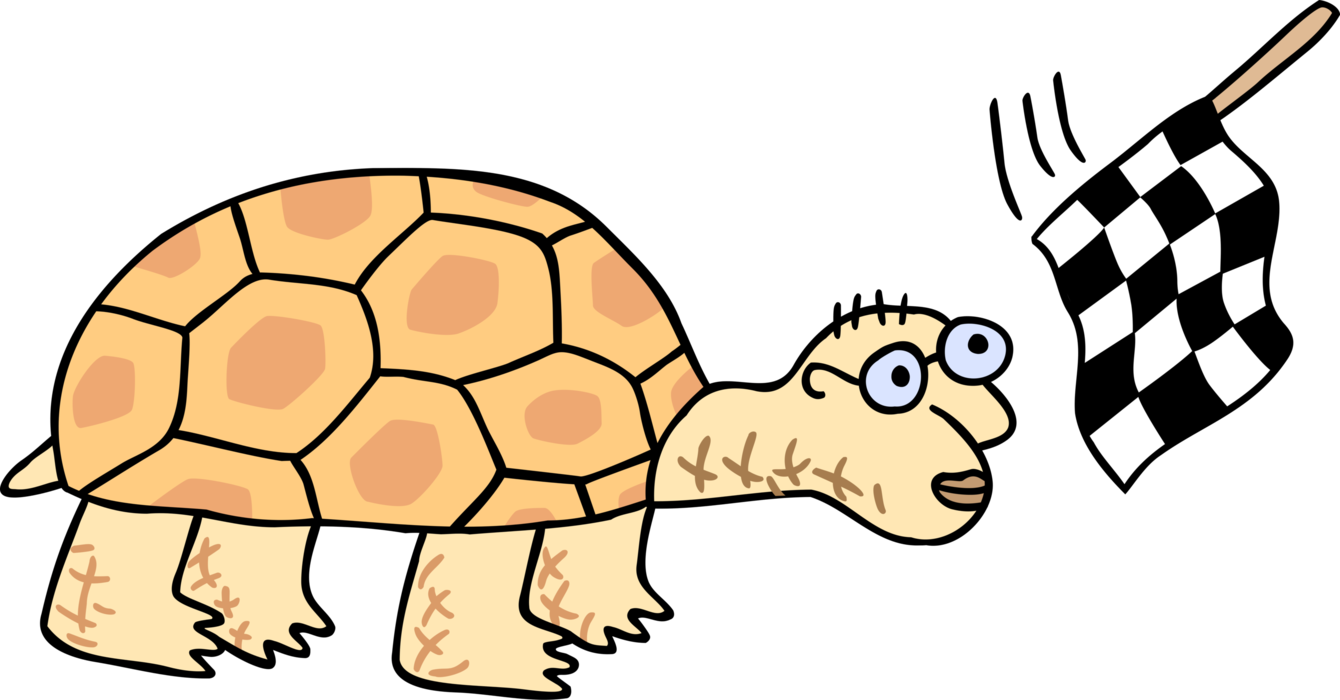Vector Illustration of Slow and Steady Wins the Race Idiom with Turtle Tortoise and Checkered Flag
