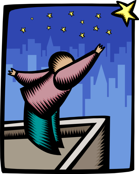 Vector Illustration of Businessman Reaching for Stars of Prosperity and Success