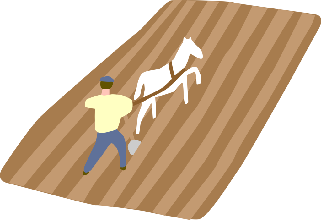Vector Illustration of Farmer Ploughing or Plowing in Field with Horse