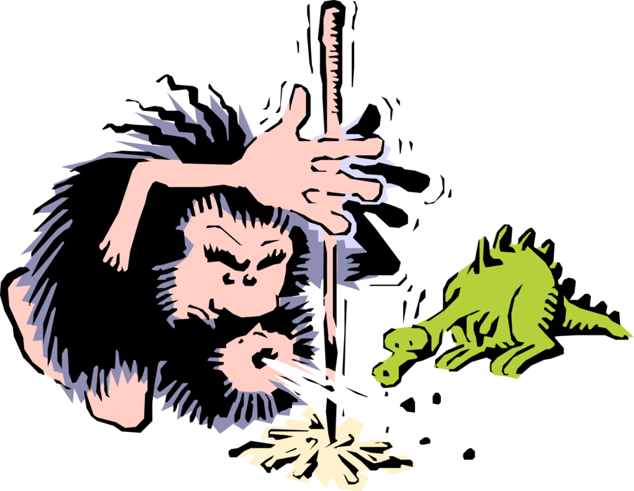 Vector Illustration of Prehistoric Neanderthal Stone Age Caveman Lighting Fire with Dinosaur