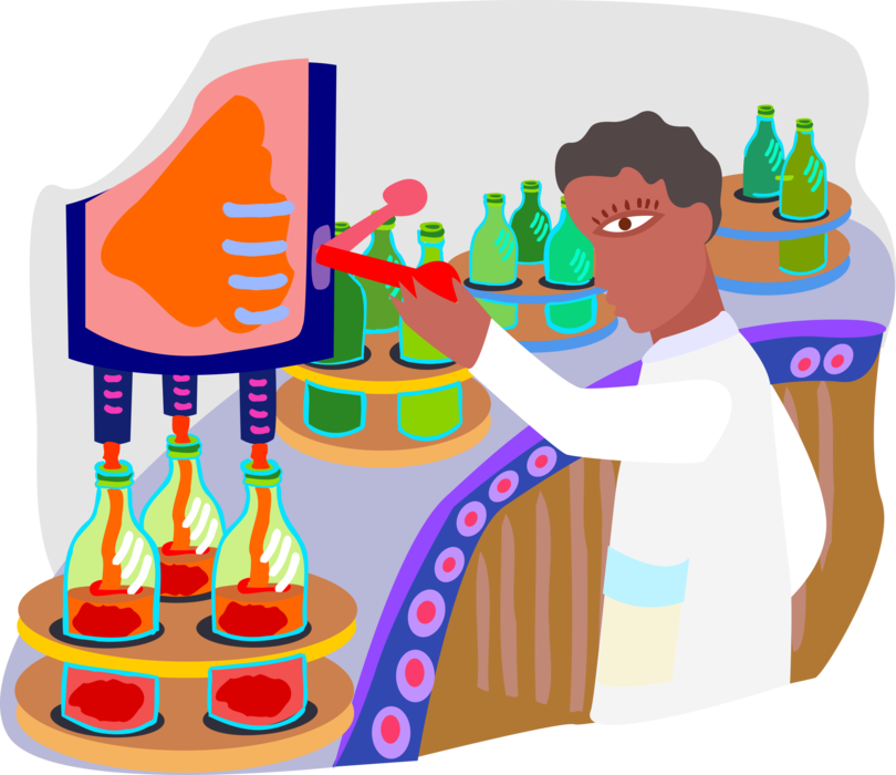 Vector Illustration of Assembly Line Factory Worker Controls Product Manufacturing