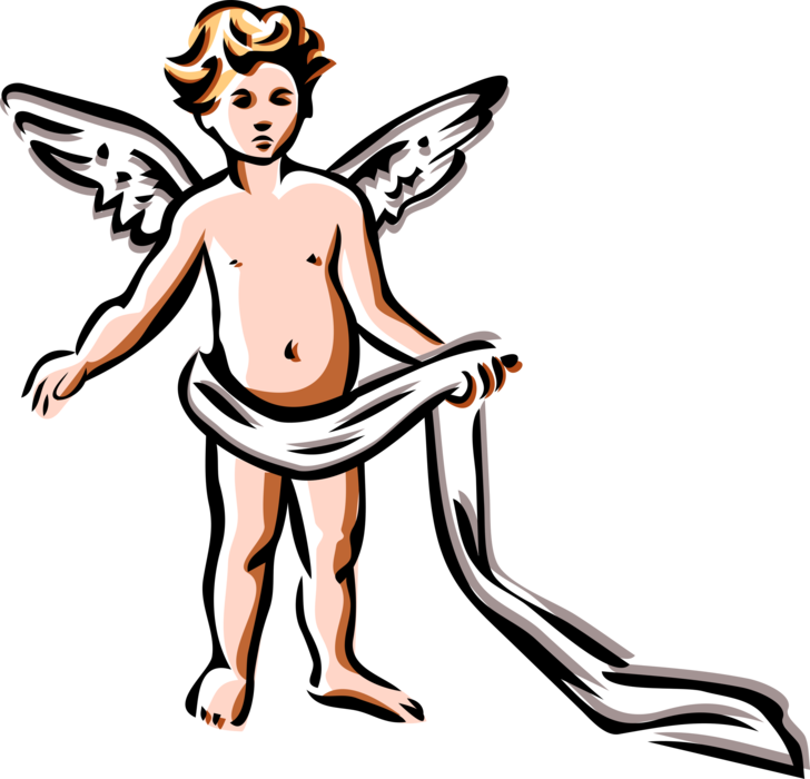 Vector Illustration of Child Spiritual Angel with Wings Standing Holds Cloth Wrapping
