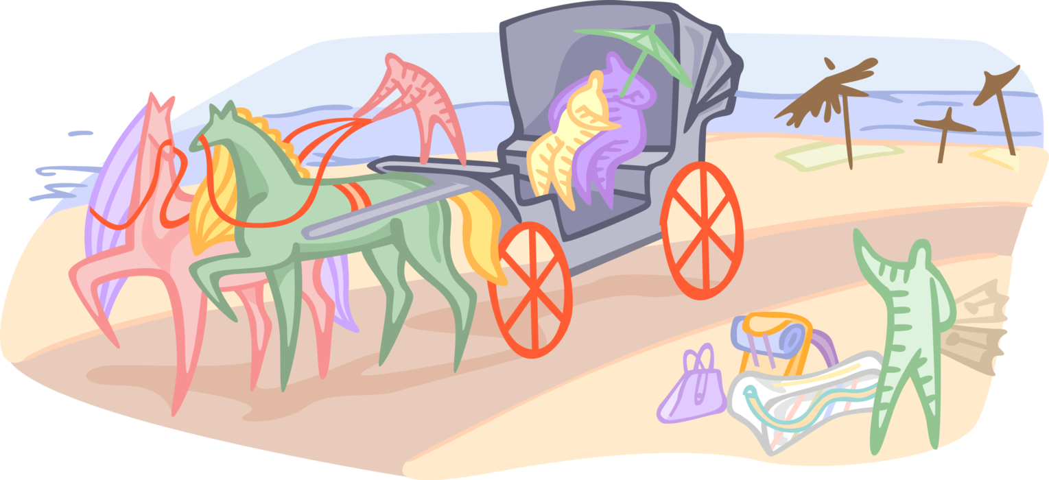 Vector Illustration of Romantic Horse-Drawn Carriage Ride at Beach