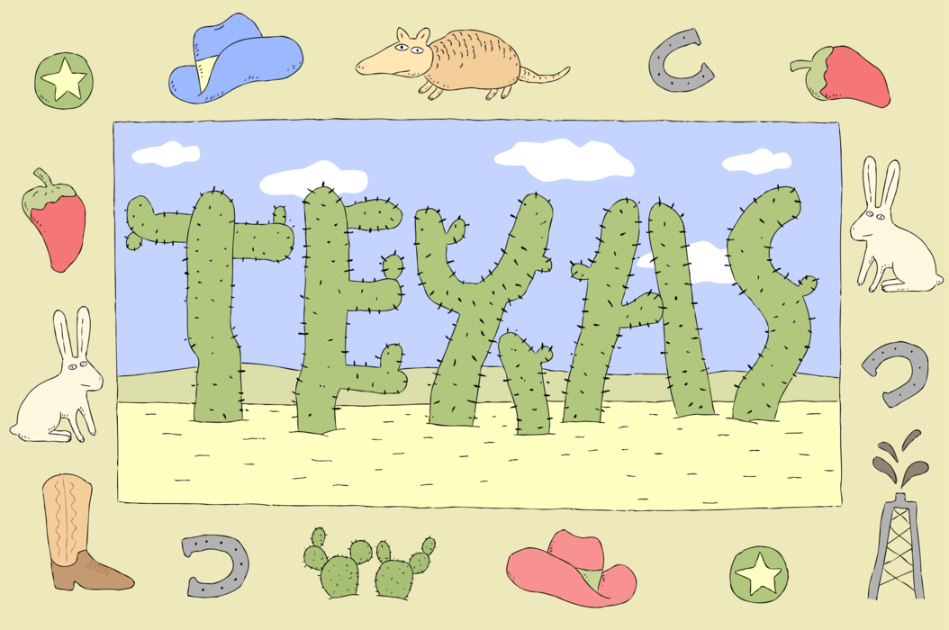 Vector Illustration of Texas Cactus with Armadillos, Oil Wells, Cowboys and Hot Chili Peppers
