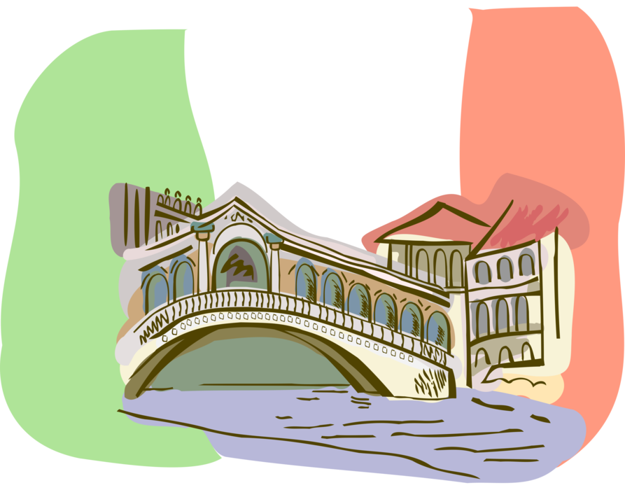 Vector Illustration of Rialto Bridge Spanning the Grand Canal, Venice, Italy
