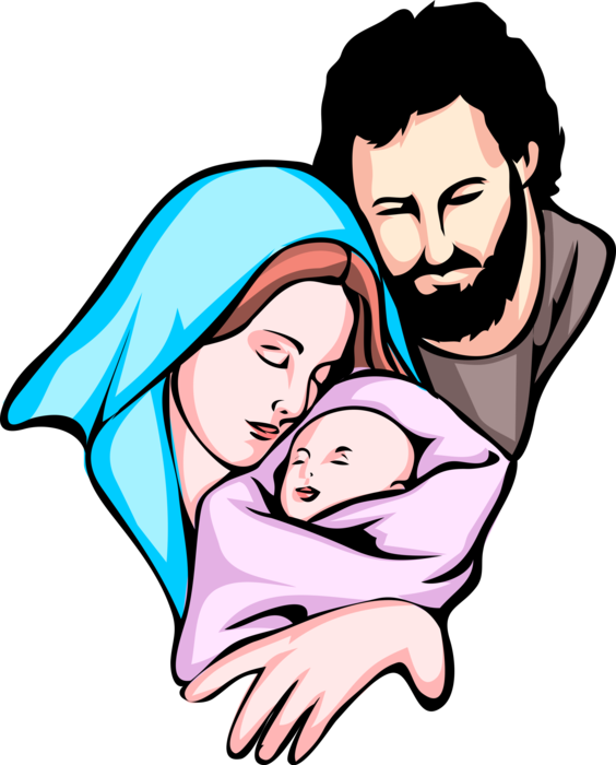 Vector Illustration of Mary and Joseph Embrace Newborn Jesus Christ Child, Son of God