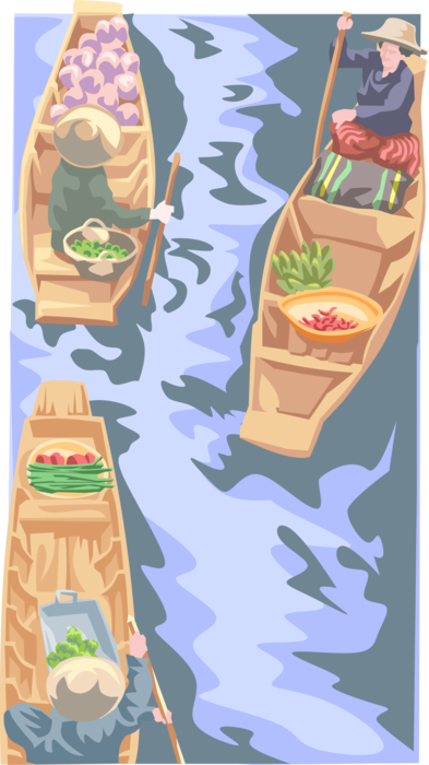 Vector Illustration of Asian Food Merchants Deliver Fruits and Vegetables in Canoe Stall Boat