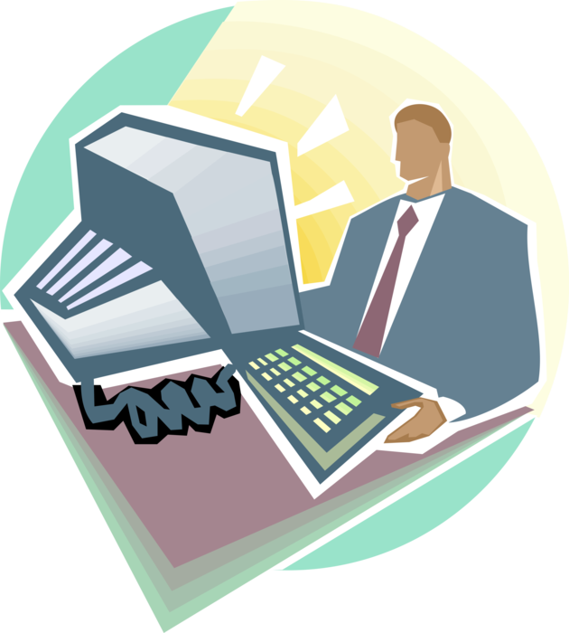 Vector Illustration of Businessman Working at Computer