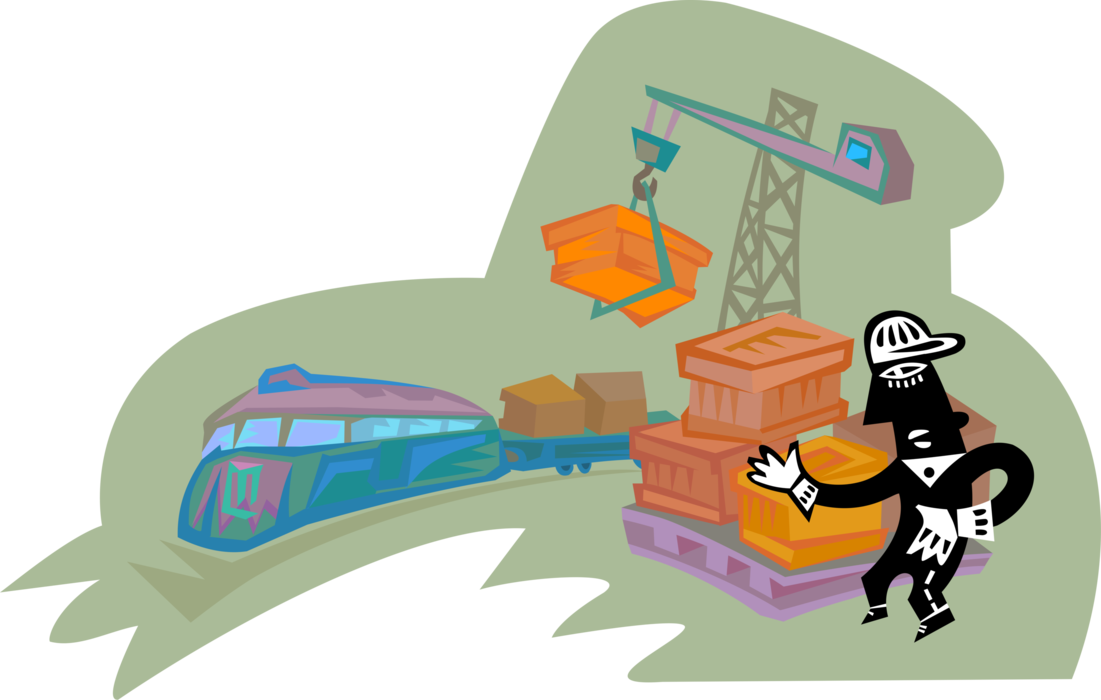 Vector Illustration of Rail Transportation Crane Loading Cargo onto Railway Flatcar