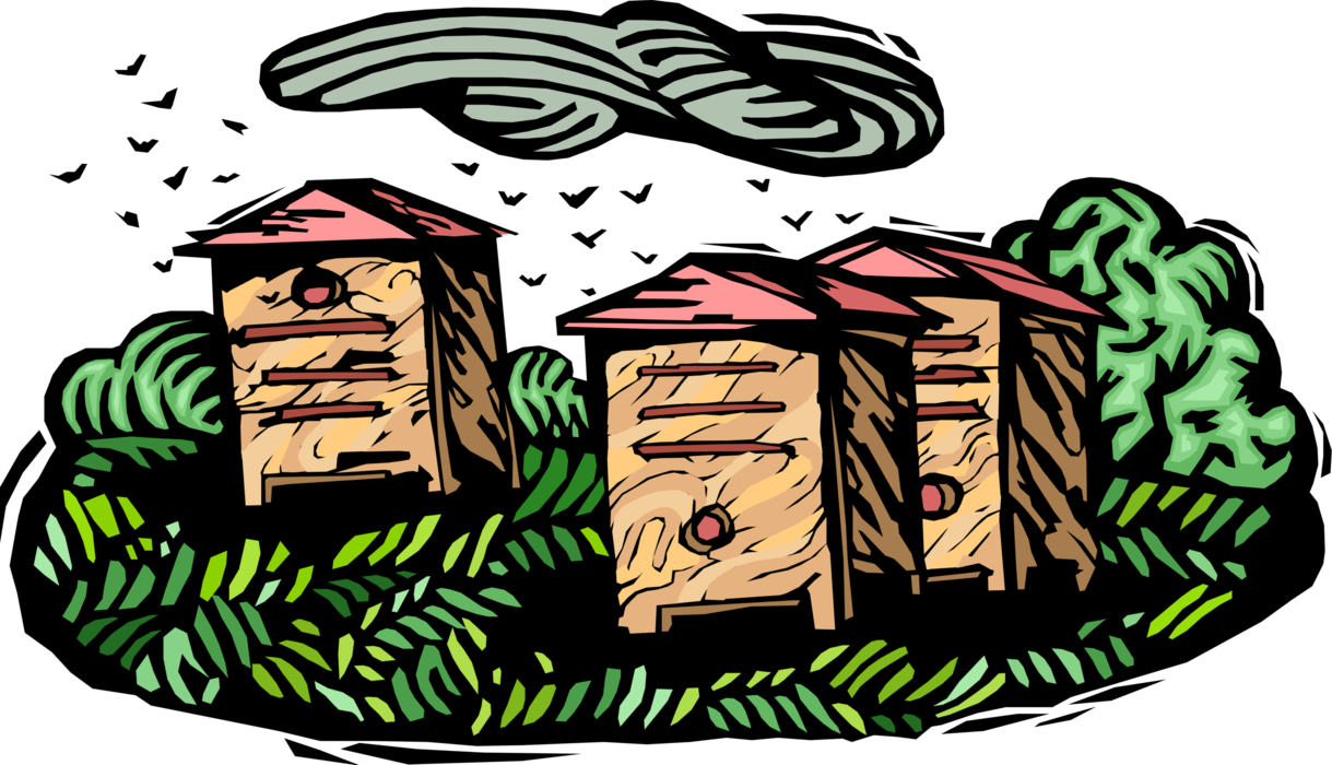 Vector Illustration of Beekeeper Apiarists Keep Honey Bees in Apiary Hives