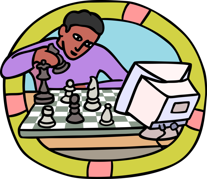 Vector Illustration of Young Man Playing Game of Chess with Computer