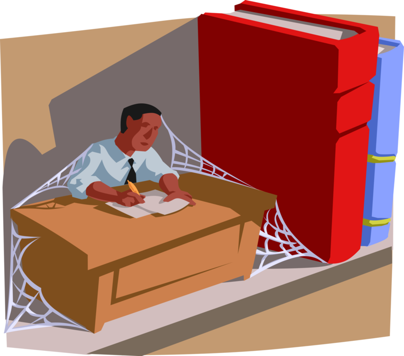 Vector Illustration of Antiquated Businessman Working at Desk Overgrown with Spider Web Cobwebs