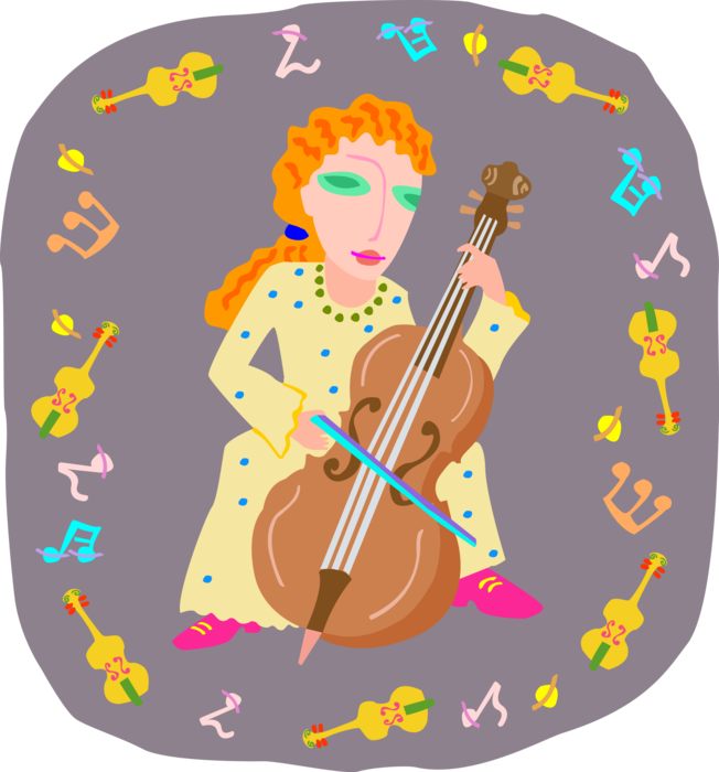 Vector Illustration of Young Girl Musician Playing Cello Bow Stringed Instrument