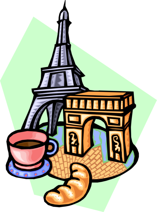 Vector Illustration of Eiffel Tower and Arc de Triomphe with Croissant and Coffee, Paris, France
