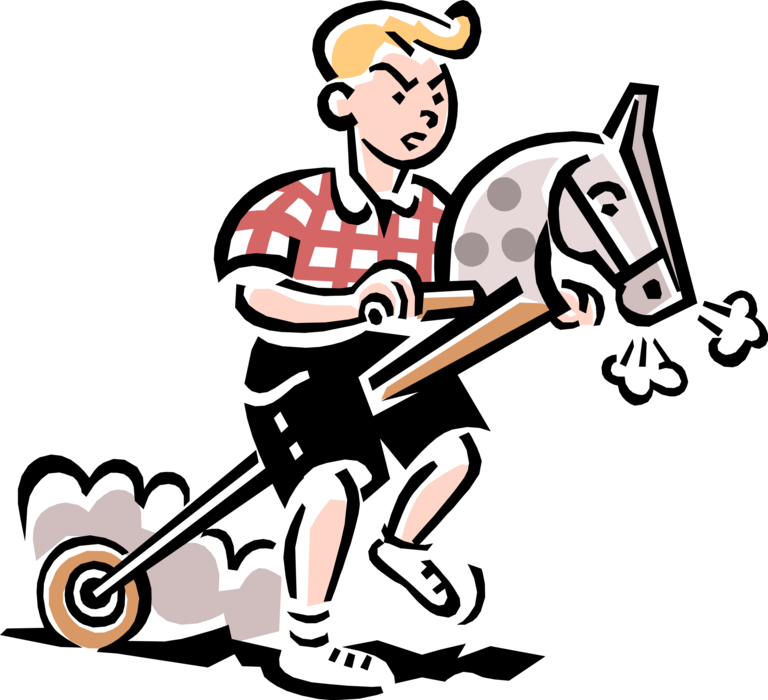 Vector Illustration of Boy Pretends He's Cowboy Riding Toy Hobby Horse