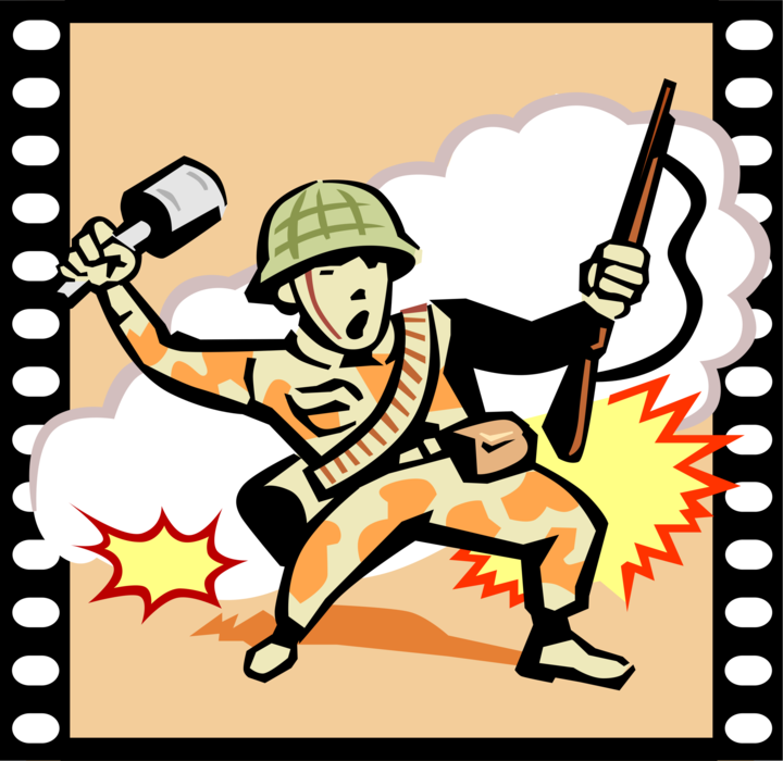 Vector Illustration of War Movie Film with Soldier in Battle Throwing Grenade