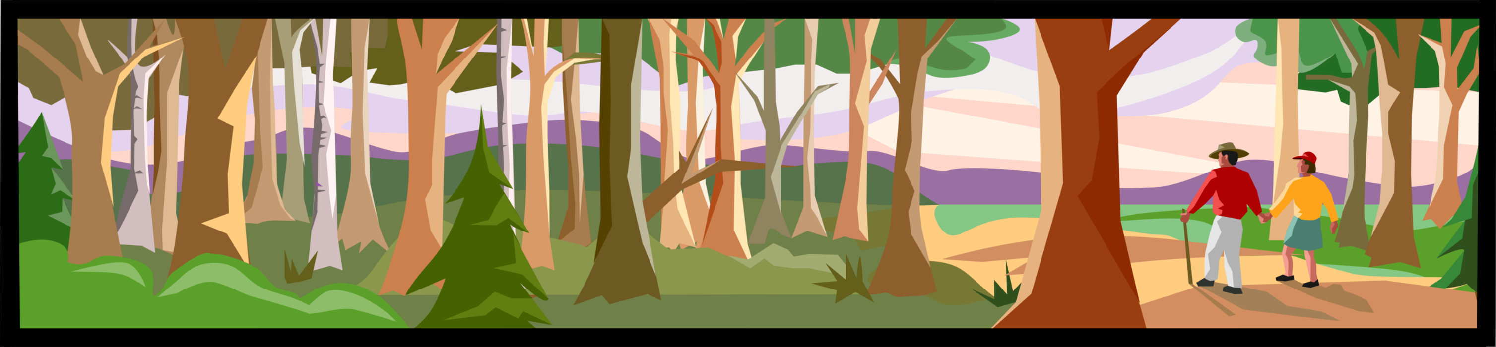 Vector Illustration of Couple Takes Walk in the Forest on Sunny Summer Day