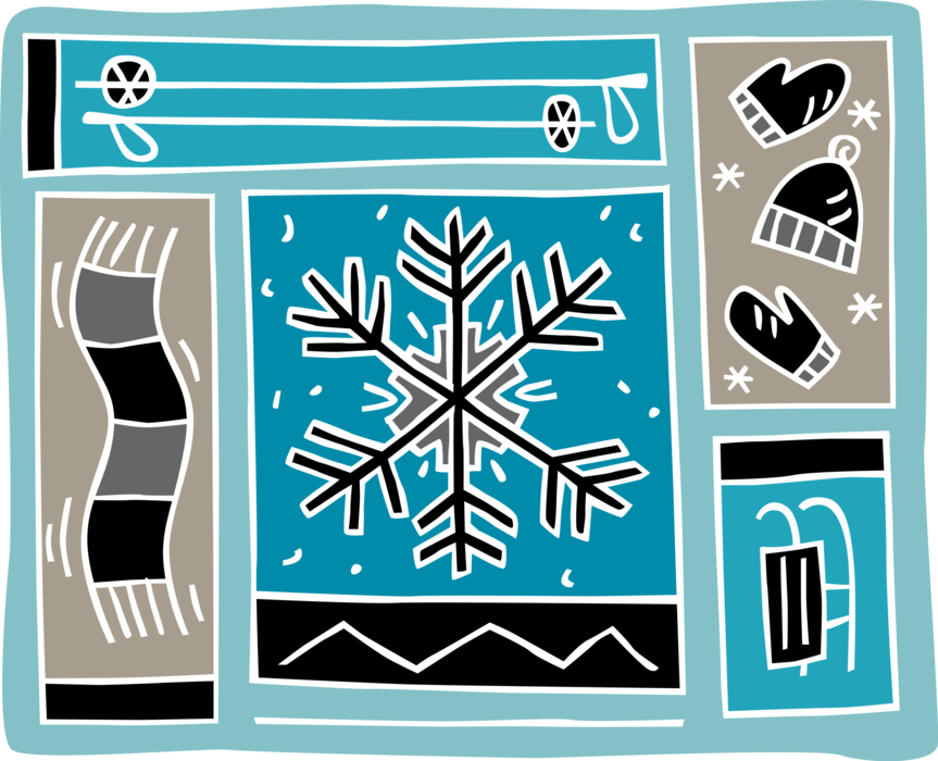 Vector Illustration of Snowflake Hats, Mitts, Scarf, Sled and Ski Poles
