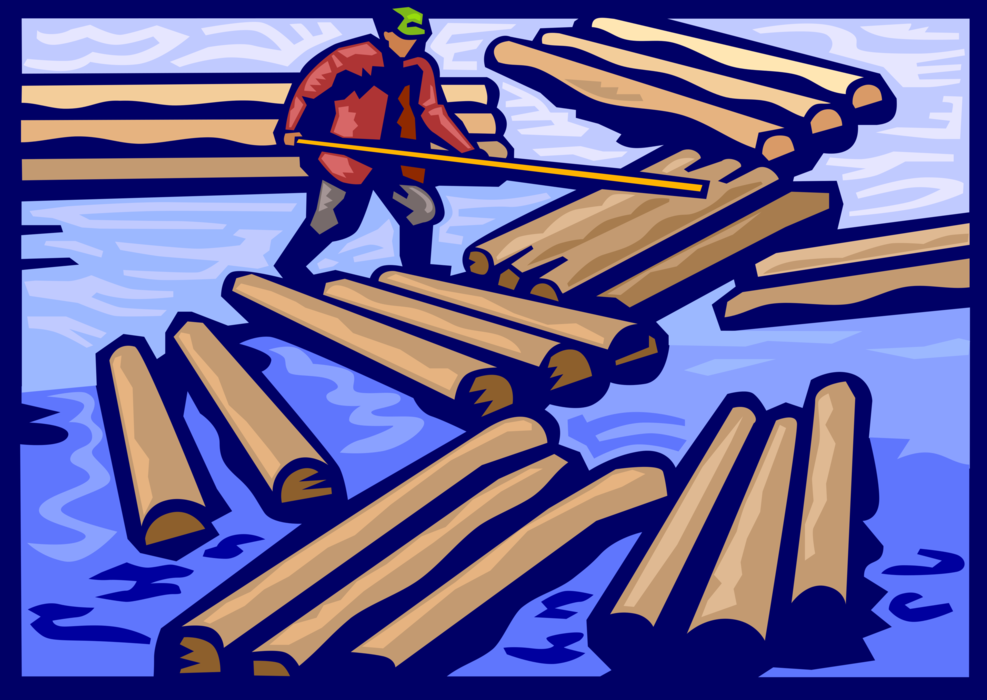 Vector Illustration of Forestry Industry Lumberjack Clearing Log Jam in River