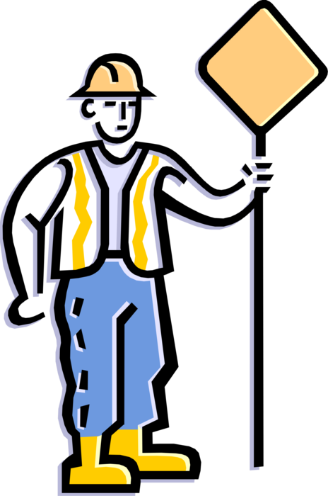 Vector Illustration of Road Crew Construction Worker Holding Yield Sign to Control Traffic