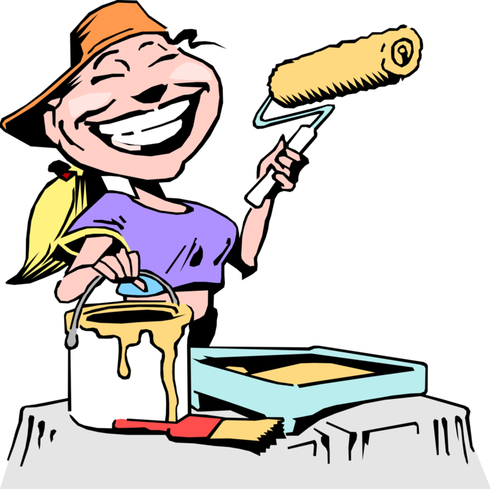 Vector Illustration of Woman House Painter with Paint Can and Roller