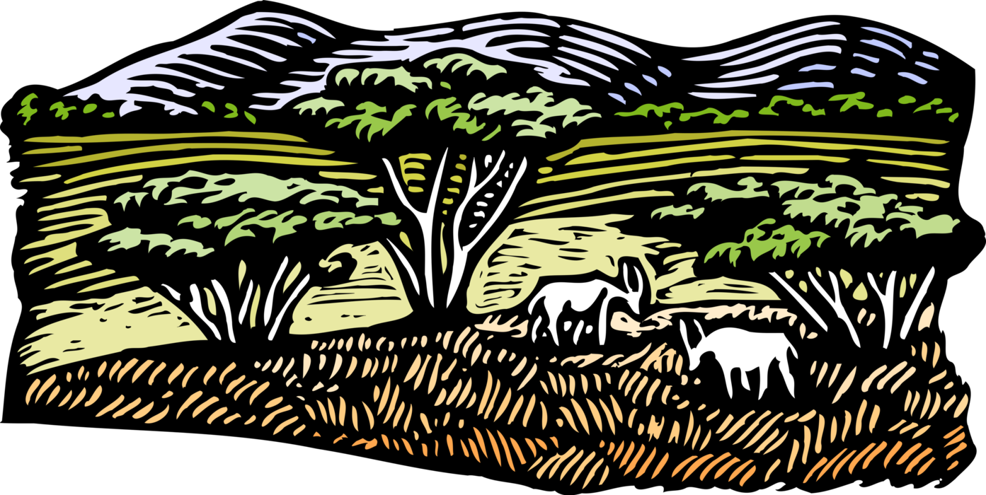 Vector Illustration of Landscape with Mountains, Trees and Grazing Animals