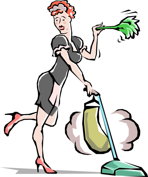 Vector Illustration of Domestic Service Cleaning Maid or Housemaid Vacuums and Dusts