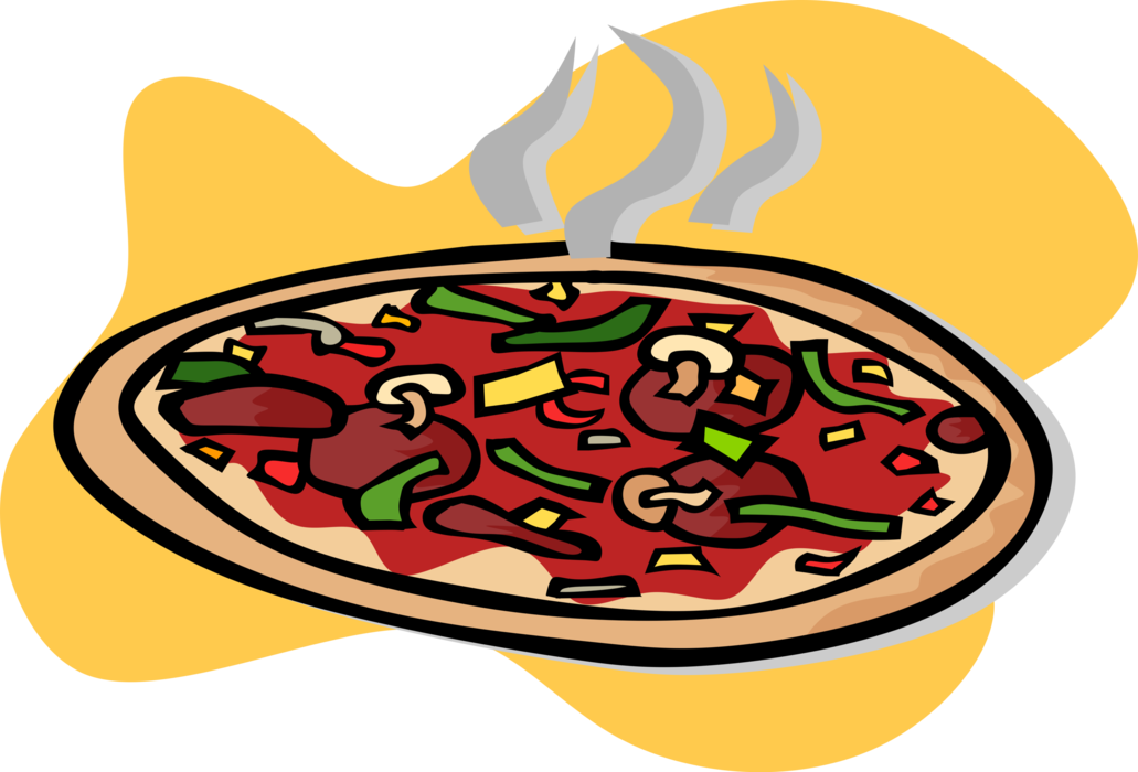 Vector Illustration of Hot from the Oven Pizza with Pepperoni, Mushrooms and Green Peppers