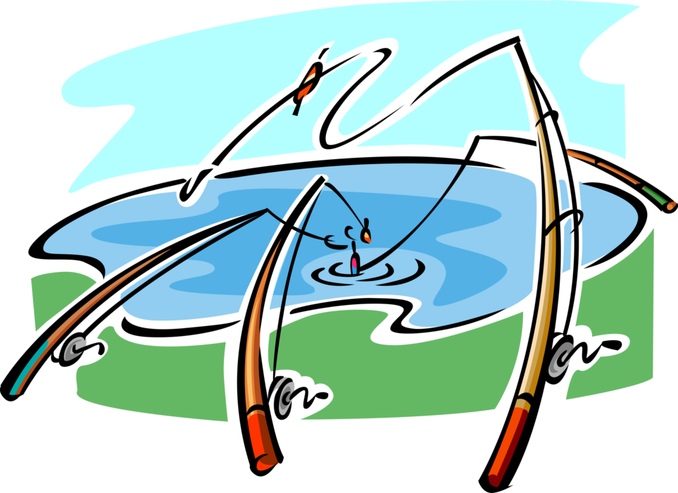 Vector Illustration of Fishing Rods with Lines in Water Catching Fish