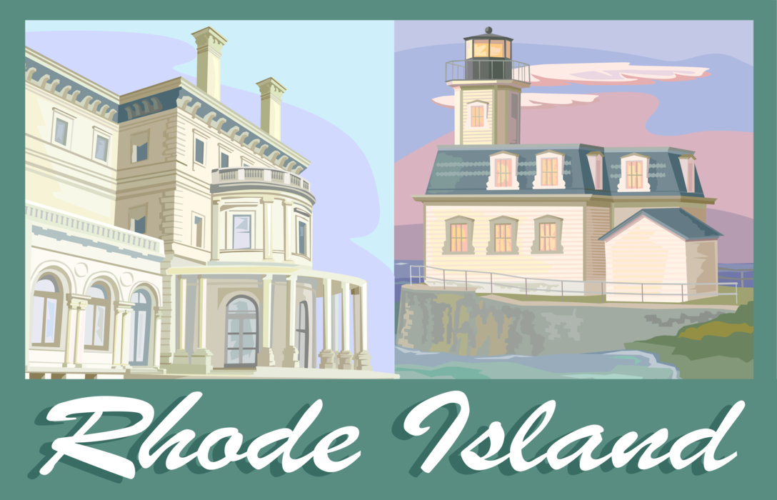 Vector Illustration of Rhode Island Postcard Design with The Breakers Vanderbilt Mansion