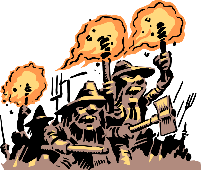 Vector Illustration of Mob of Angry Townsfolk Protesting with Axes and Flaming Torches