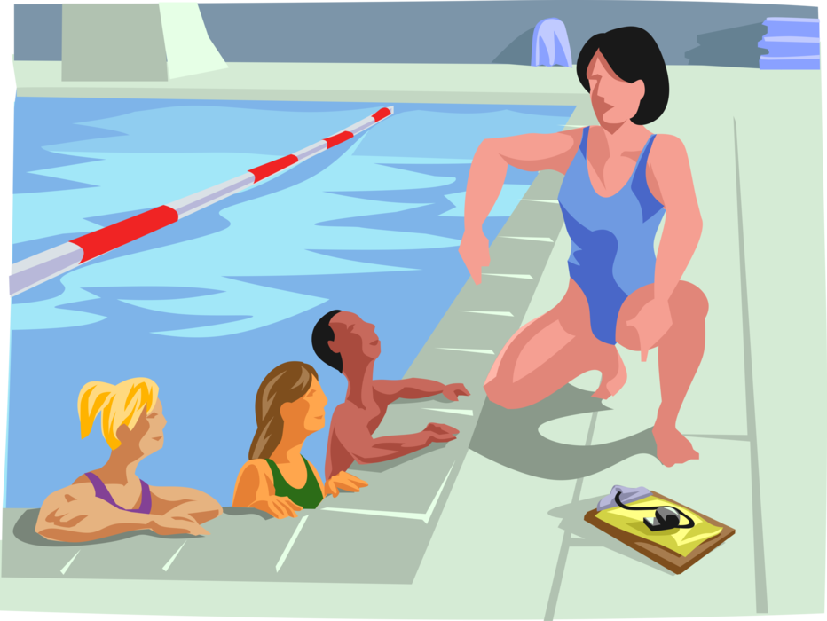 Vector Illustration of Swimming Lessons with Swim Instructor at Pool