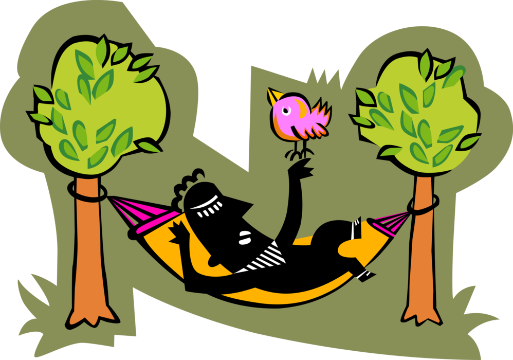 Vector Illustration of Man Relaxing in Hammock Between Two Trees with Bird on Hand