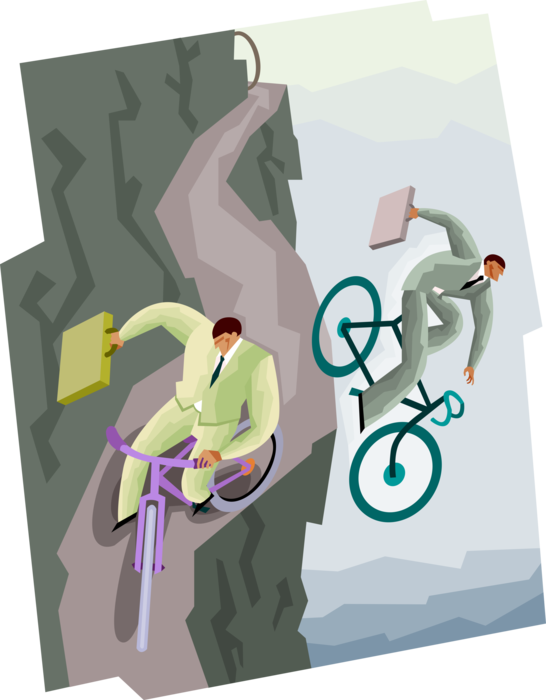 Vector Illustration of Cycling Enthusiasts on Bicycles on Dangerous Route Fail to Negotiate Curves