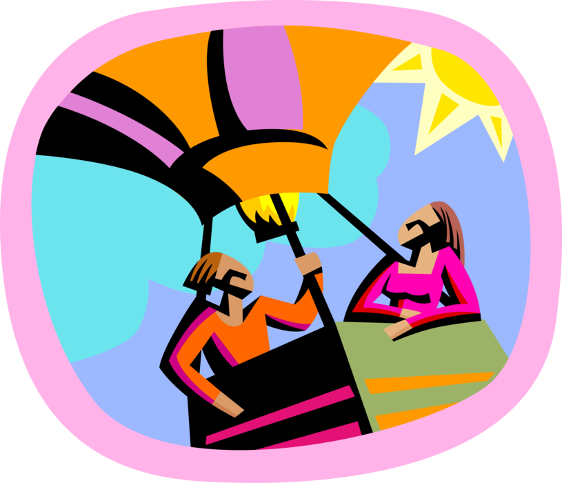 Vector Illustration of Hot Air Ballooning with Gondola Wicker Basket Carry Passengers Aloft