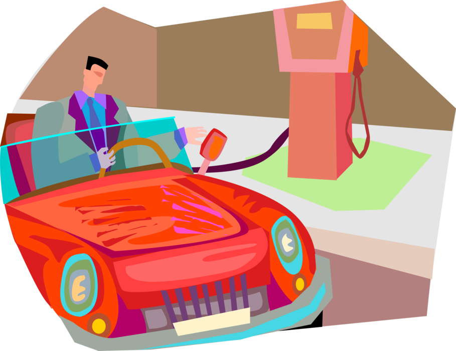 Vector Illustration of Businessman Arrives at Service Station in Convertible Car for Fill-Up