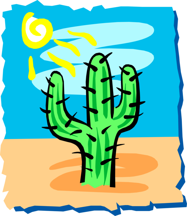 Vector Illustration of Desert Vegetation Succulent Cactus in Mid-Day Sun