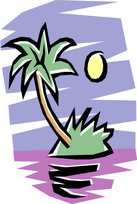 Vector Illustration of Deserted Island with Palm Tree in Setting Sun
