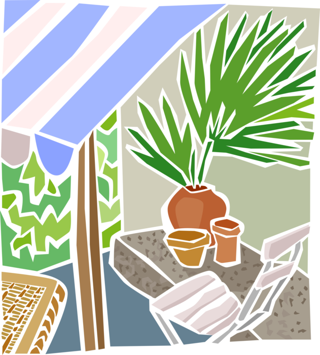 Vector Illustration of Backyard Patio with Sun Awning, Plants and Chair