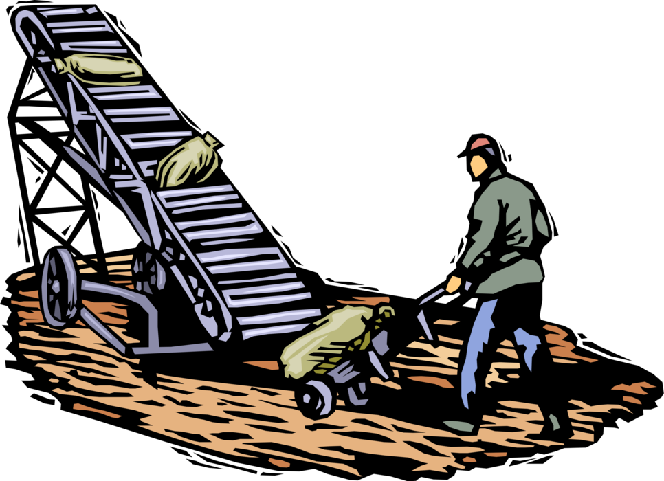Vector Illustration of Farm Worker with Wheelbarrow Loads Harvest Bags on Conveyor Belt